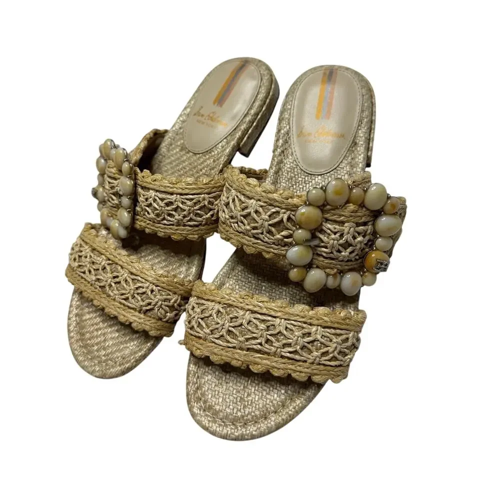 Sam Edelman Elisa Natural Raffia Slide Sandals Size 6.5 Beaded